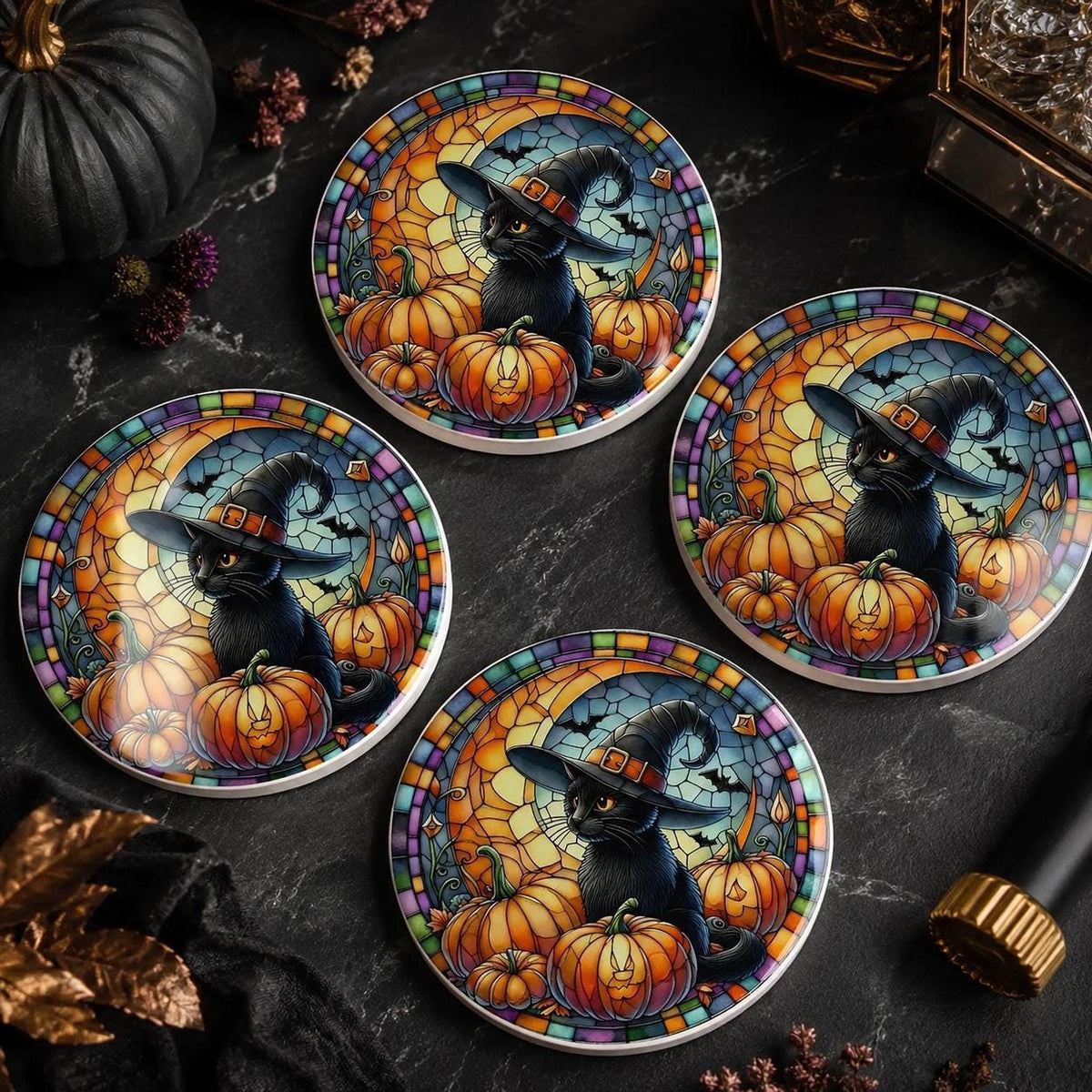 Halloween Coaster, Ceramic Black Cat with Pumpkin Design, Witch Hat