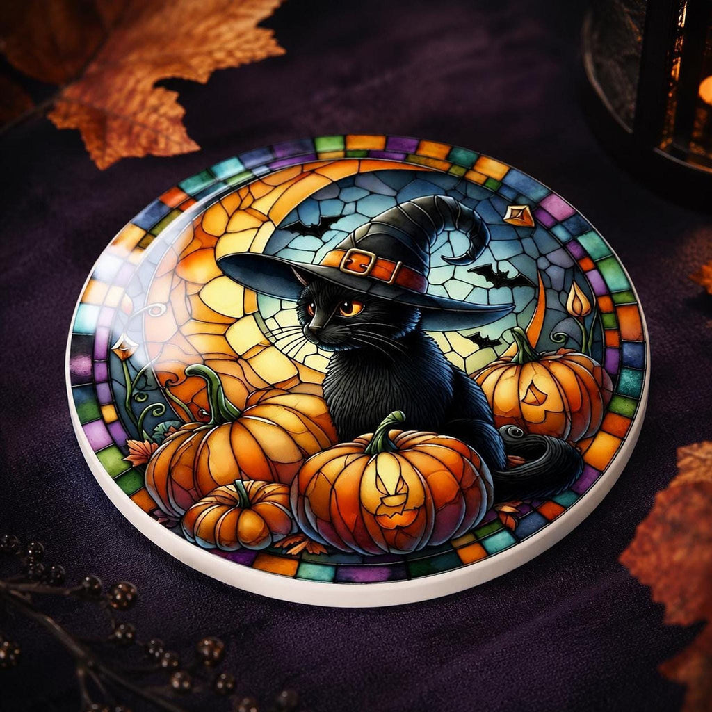 Halloween Coaster, Ceramic Black Cat with Pumpkin Design, Witch Hat