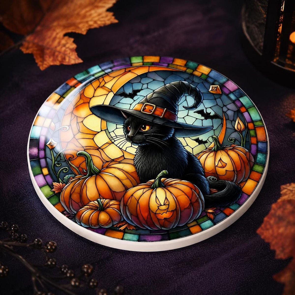 Halloween Coaster, Ceramic Black Cat with Pumpkin Design, Witch Hat