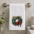 Christmas Wreath Hand Towel, Winter Floral Guest Bath Accent, Red Bow Seasonal Gift