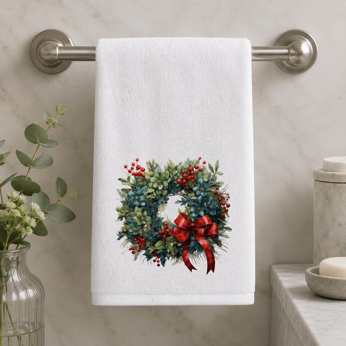 Christmas Wreath Hand Towel, Winter Floral Guest Bath Accent, Red Bow Seasonal Gift