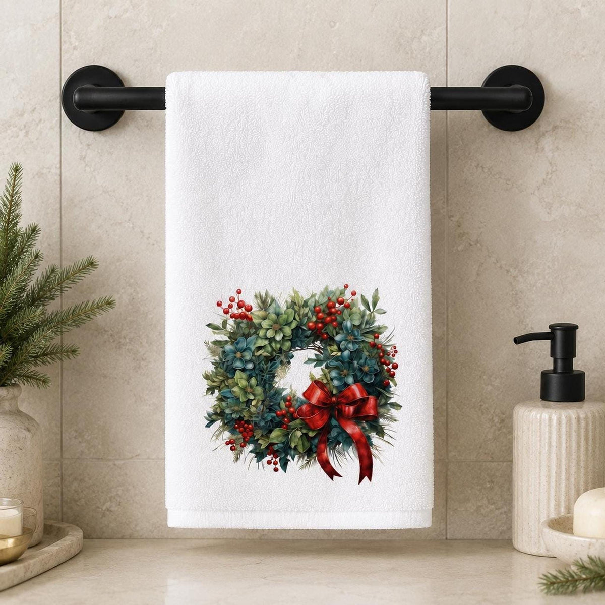 Christmas Wreath Hand Towel, Winter Floral Guest Bath Accent, Red Bow Seasonal Gift