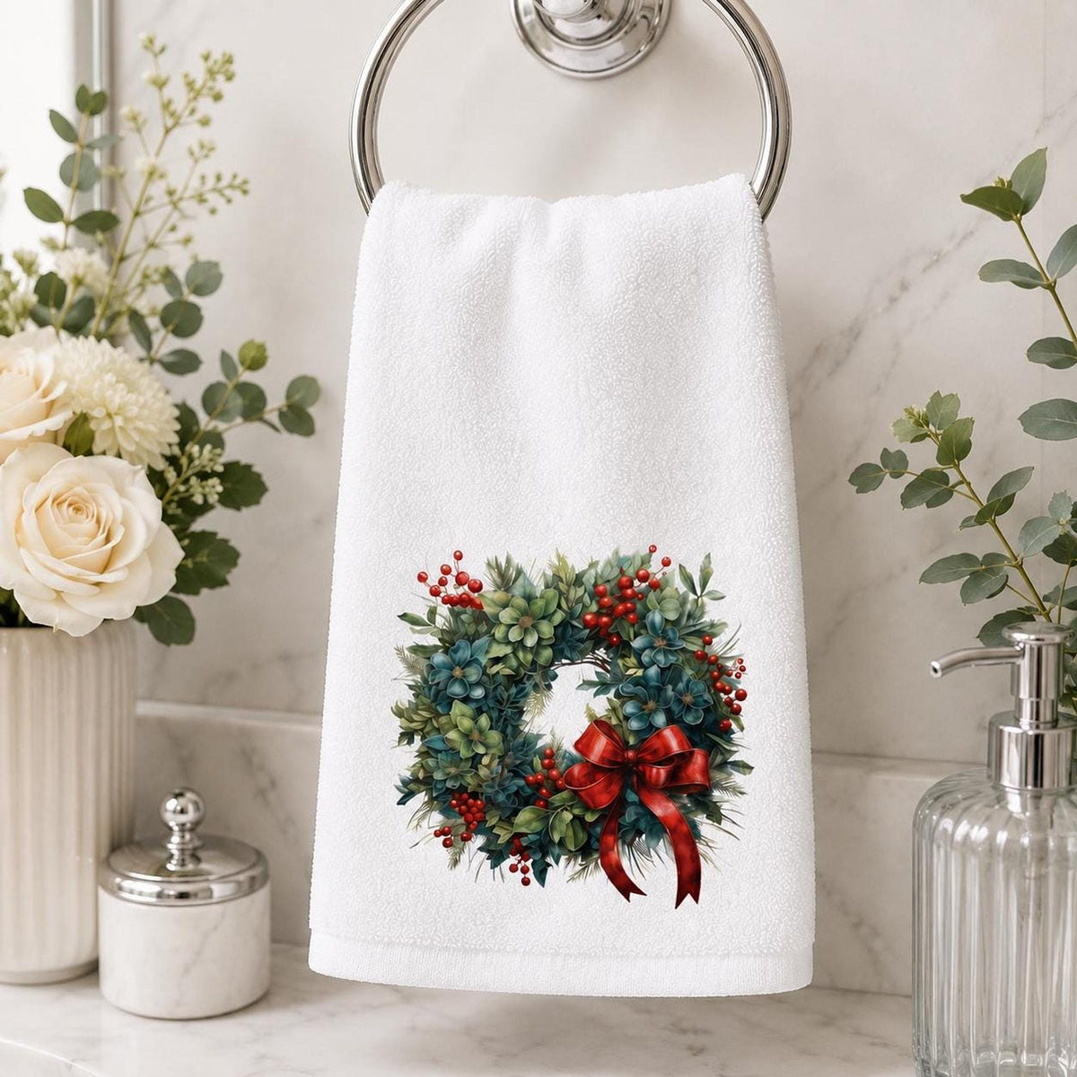 Christmas Wreath Hand Towel, Winter Floral Guest Bath Accent, Red Bow Seasonal Gift