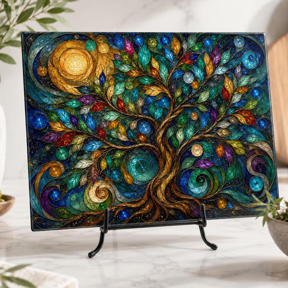 Charcuterie Tray, Tempered Glass Tree Of Life Botanical Design
