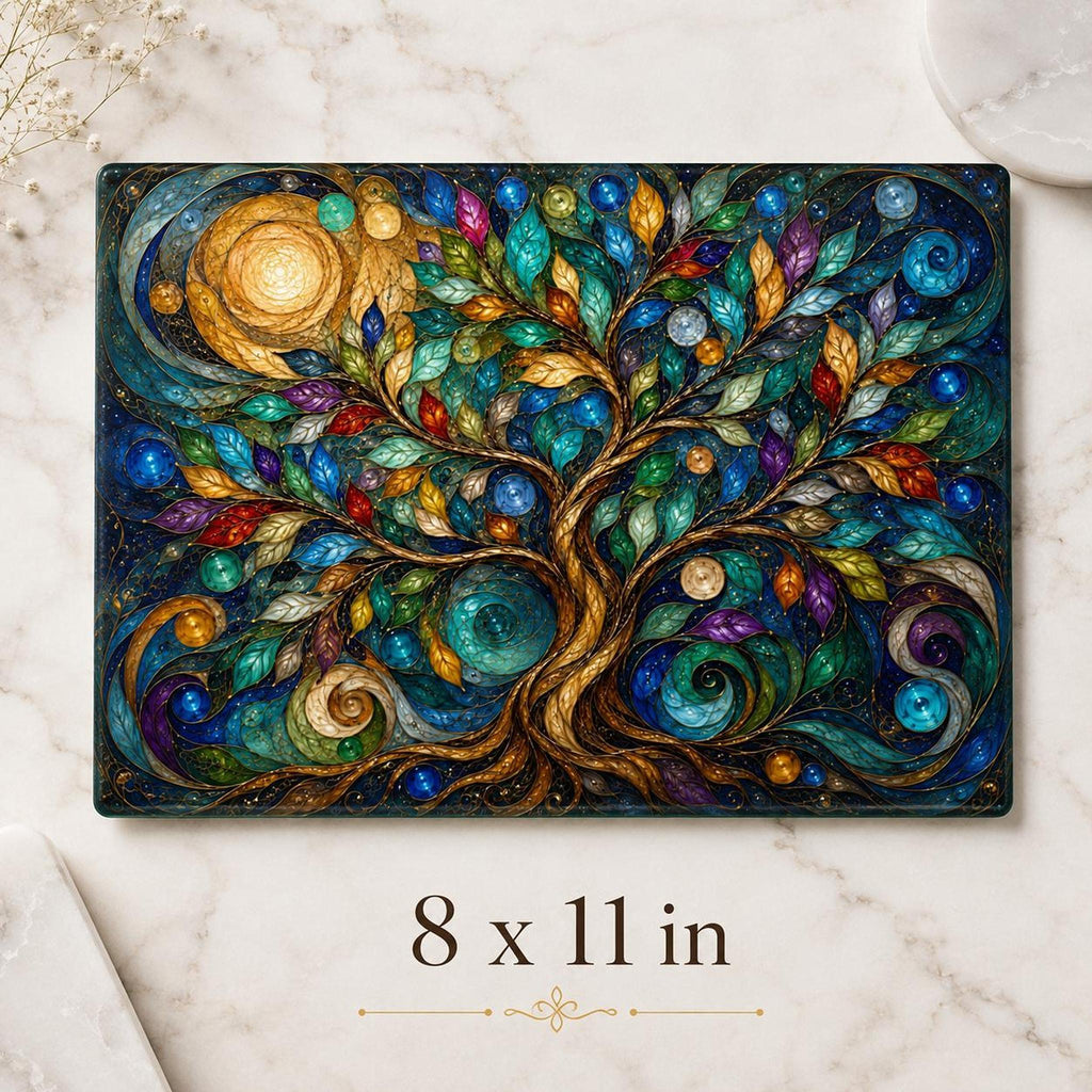 Charcuterie Tray, Tempered Glass Tree Of Life Botanical Design