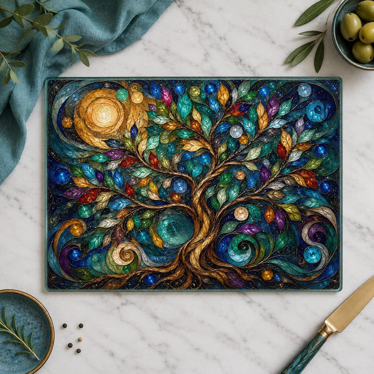 Charcuterie Tray, Tempered Glass Tree Of Life Botanical Design