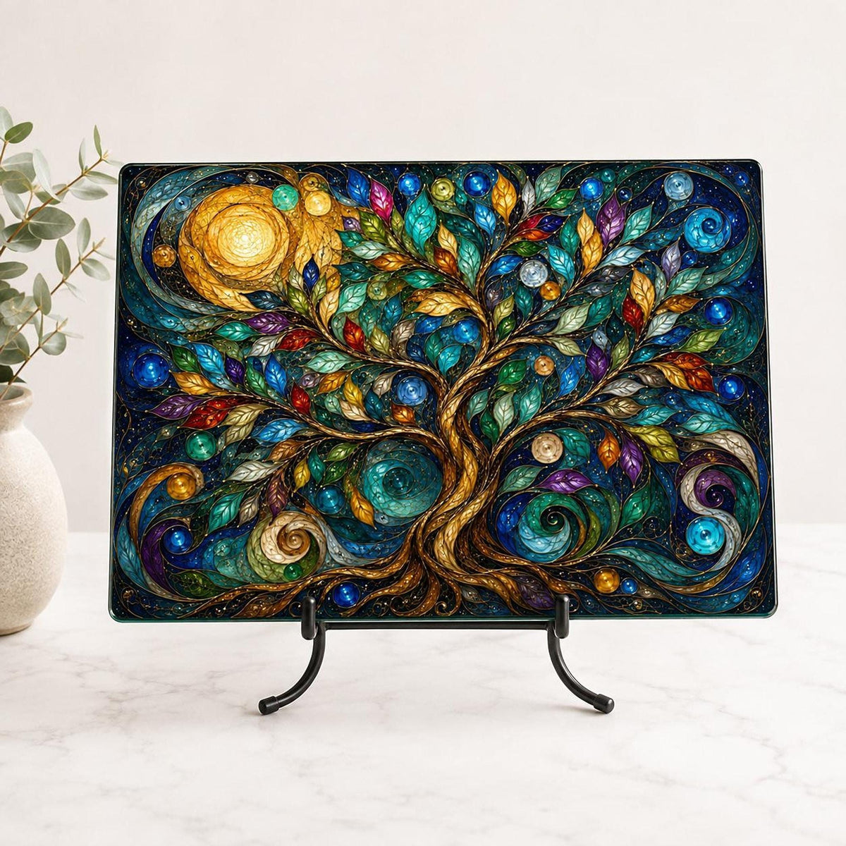 Charcuterie Tray, Tempered Glass Tree Of Life Botanical Design