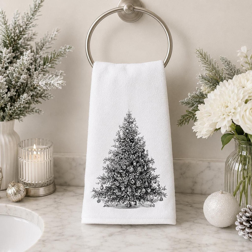 Christmas Hand Towel, Black And White Tree Art, 15 × 25-Inch Powder Room Decor