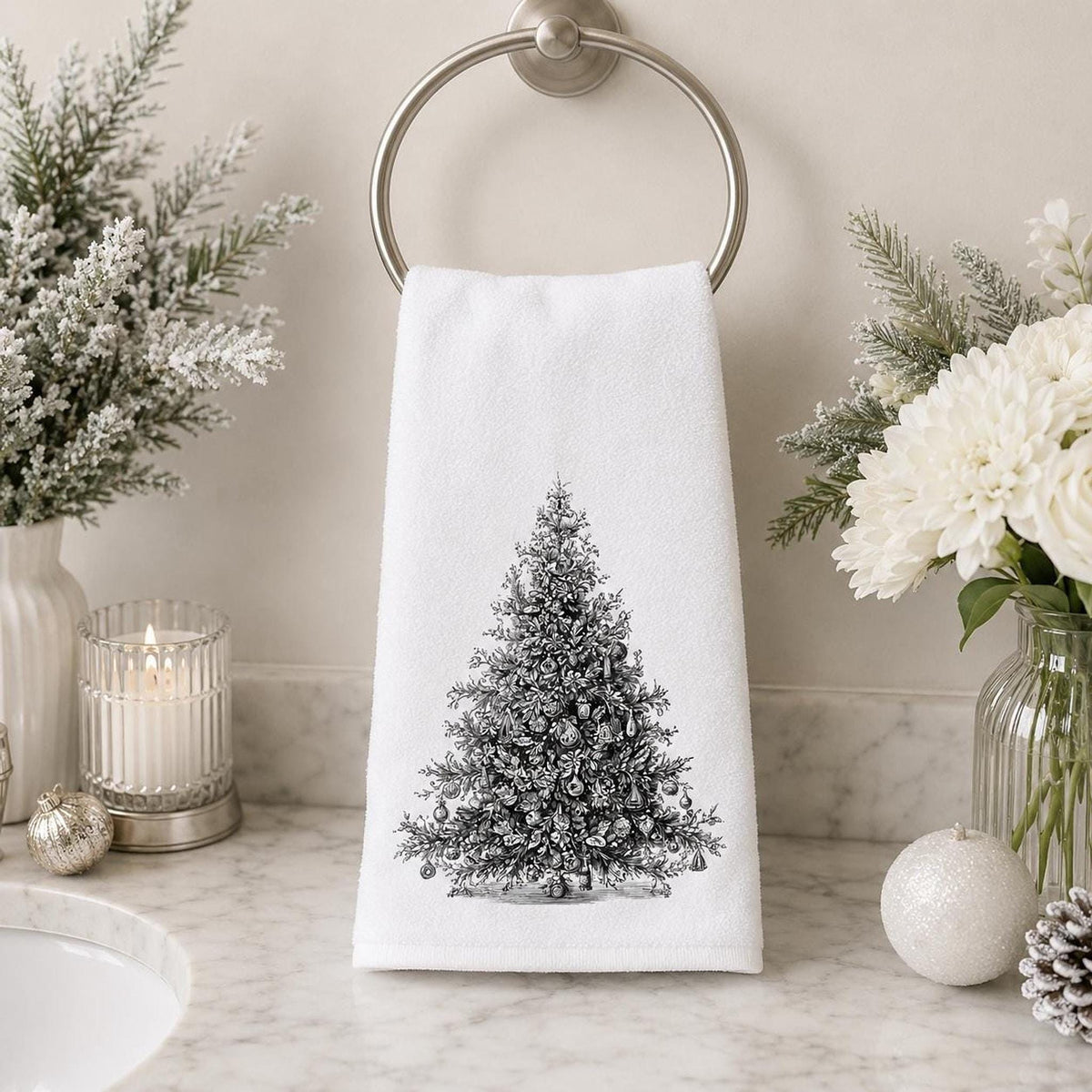 Christmas Hand Towel, Black And White Tree Art, 15 × 25-Inch Powder Room Decor