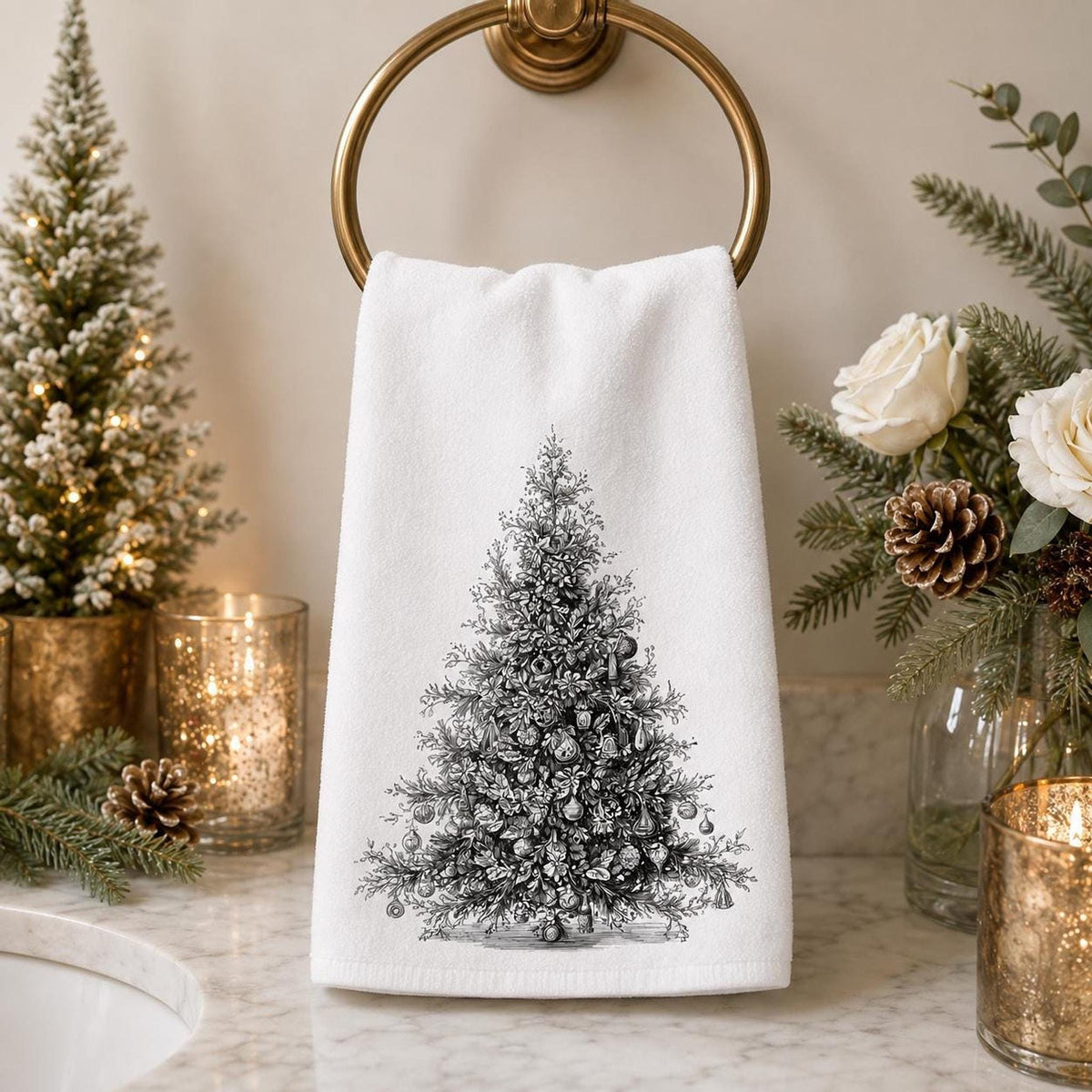 Christmas Hand Towel, Black And White Tree Art, 15 × 25-Inch Powder Room Decor