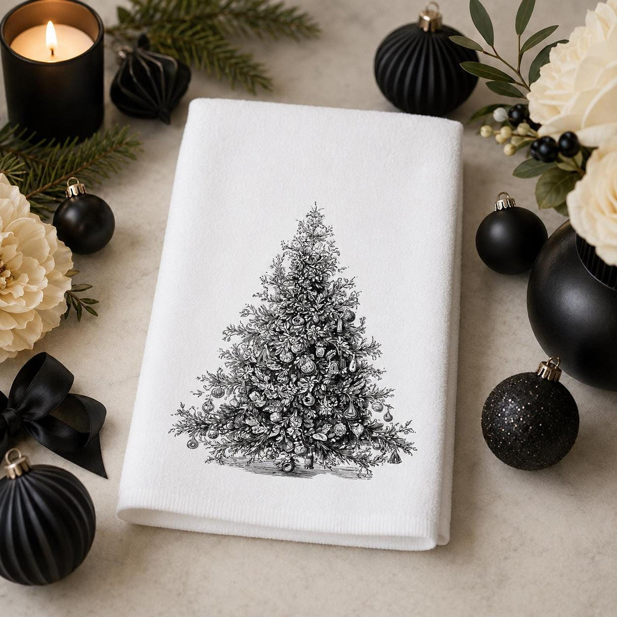 Christmas Hand Towel, Black And White Tree Art, 15 × 25-Inch Powder Room Decor
