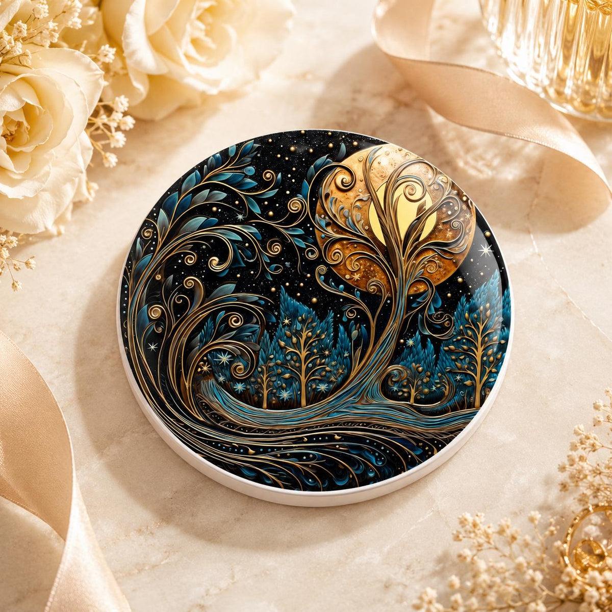 Moon Tree Ceramic Coaster, Blue Gold Celestial Forest Decor Gift