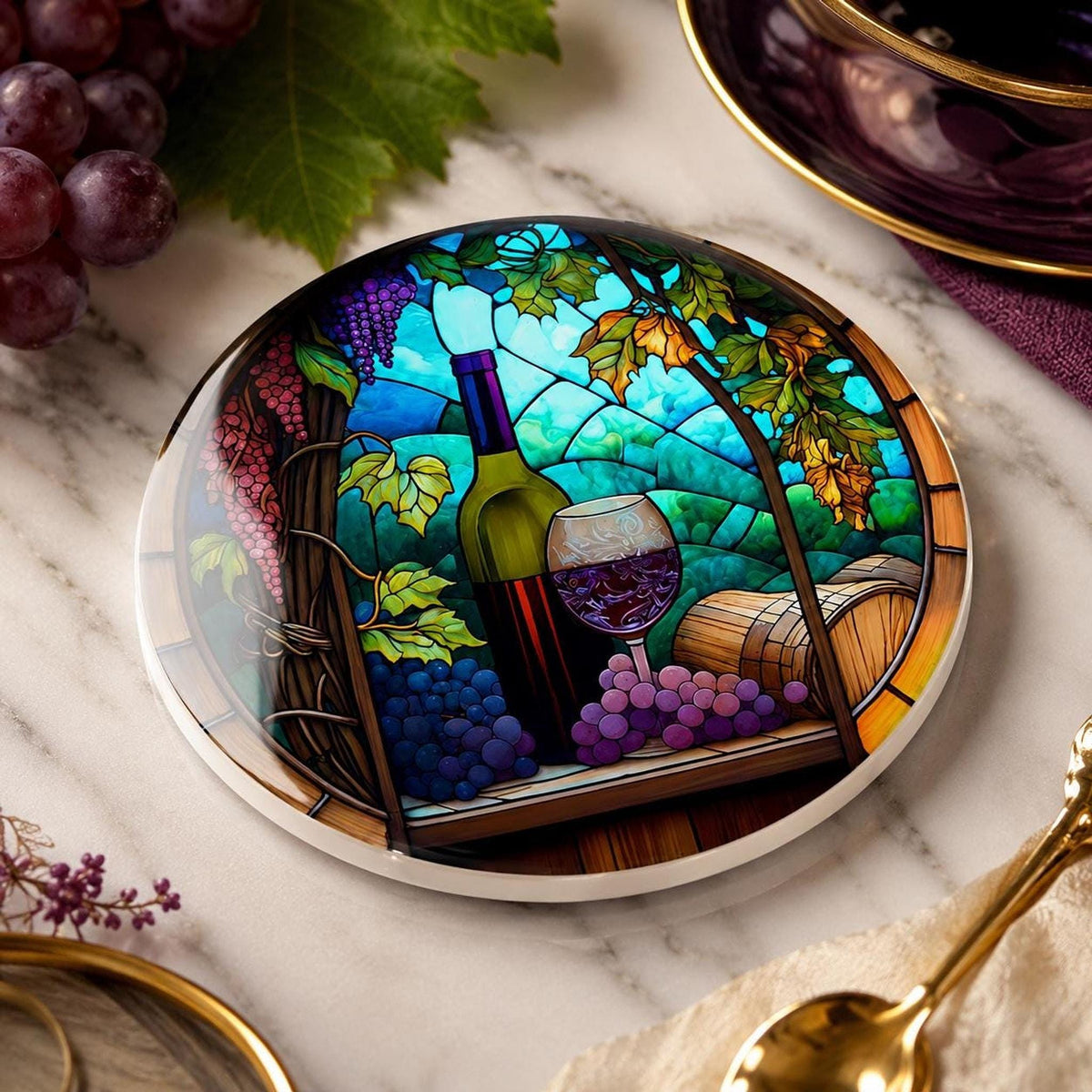 Round Ceramic Wine Coaster, Stained Glass Design with Vineyard Artwork