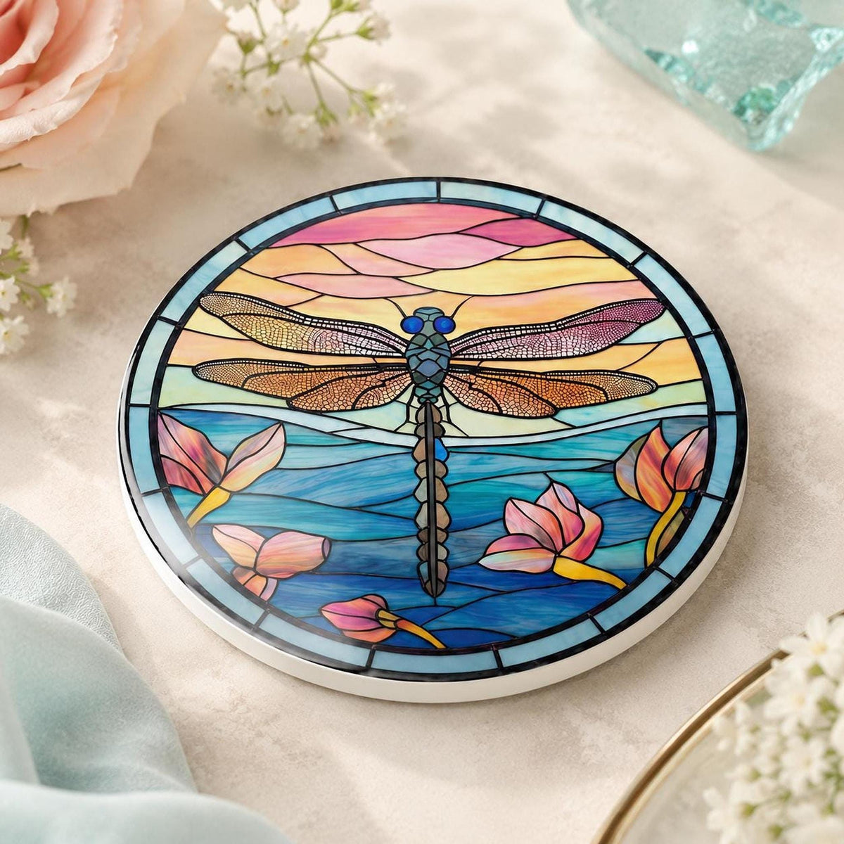 Dragonfly Coaster, Floral Drink Mat with Water Lily Design