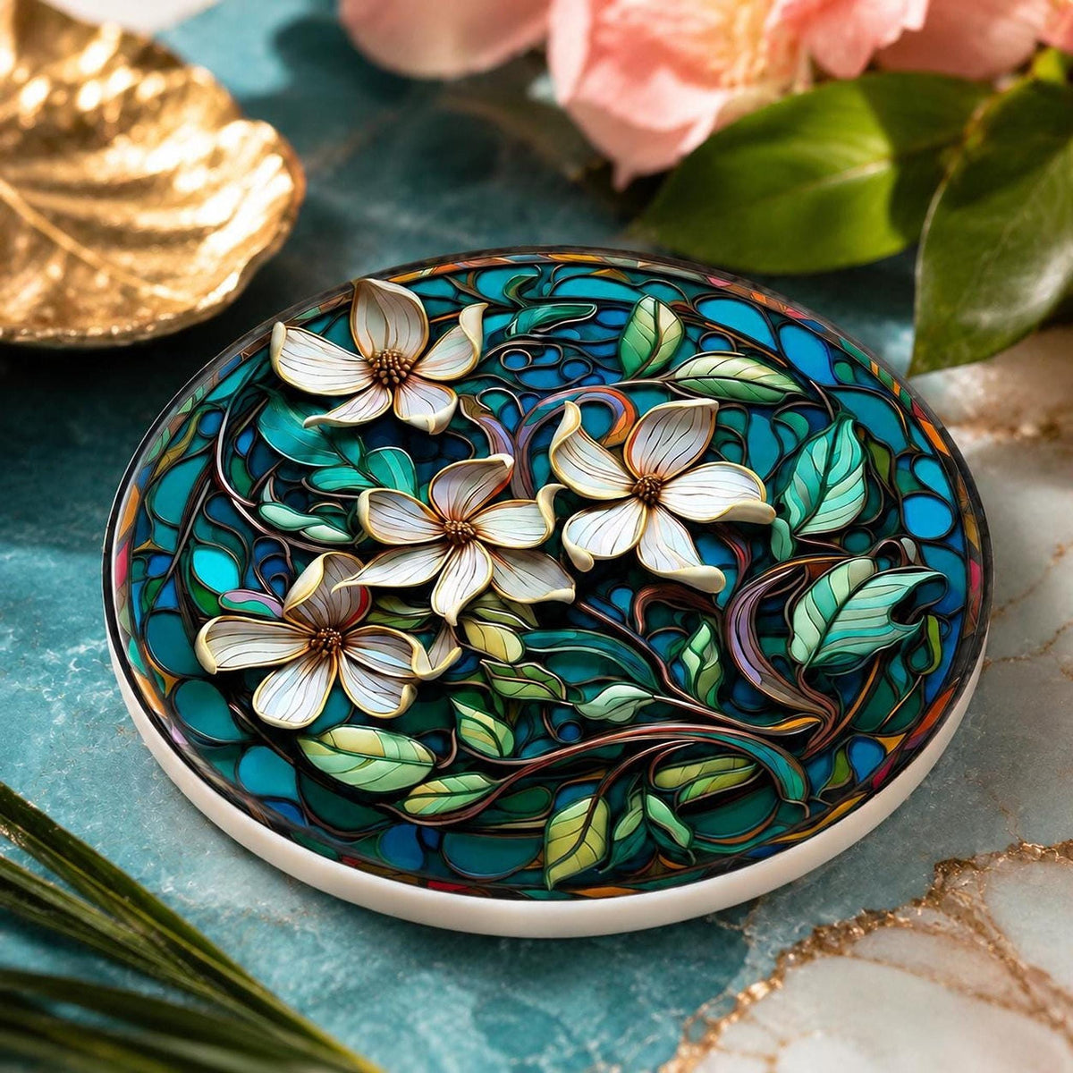 Ceramic Drink Mat with Teal Botanical Design, Floral Coaster for Coastal Garden Decor