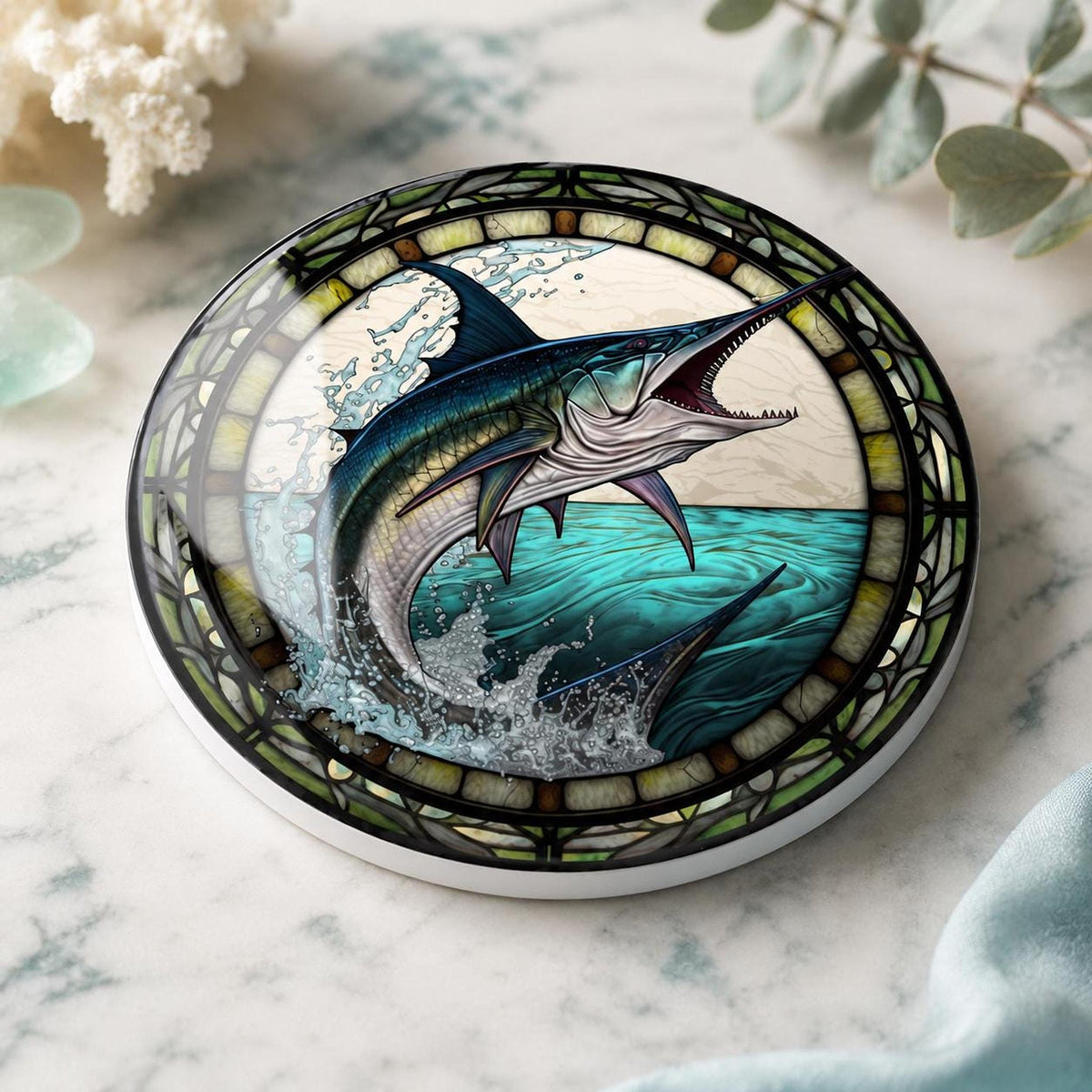Fishing Coaster with Marlin Design, Coastal Ceramic Drink Mat