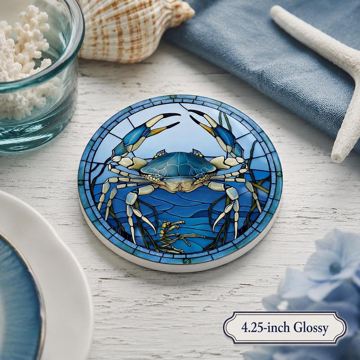 Blue Crab Coaster, Round Ceramic Surface with Glossy or Matte Finish