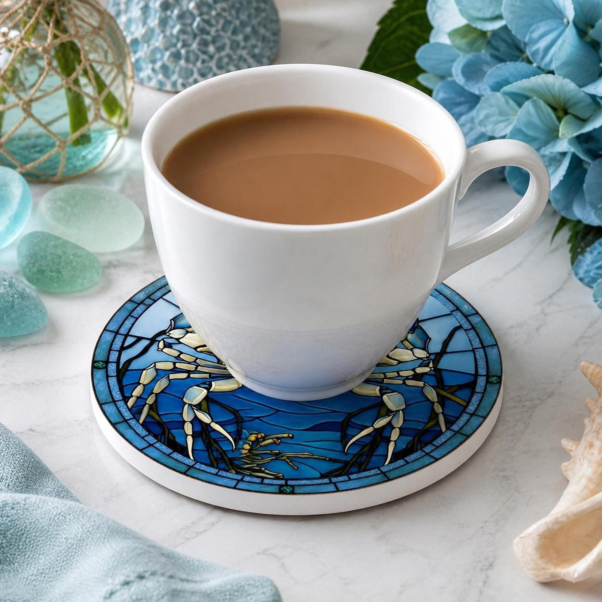Blue Crab Coaster, Round Ceramic Surface with Glossy or Matte Finish