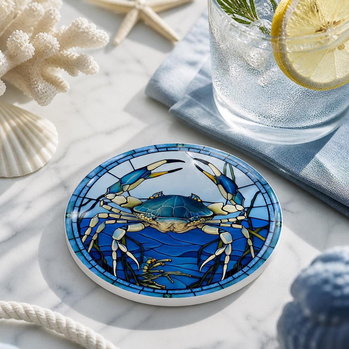 Blue Crab Coaster, Round Ceramic Surface with Glossy or Matte Finish