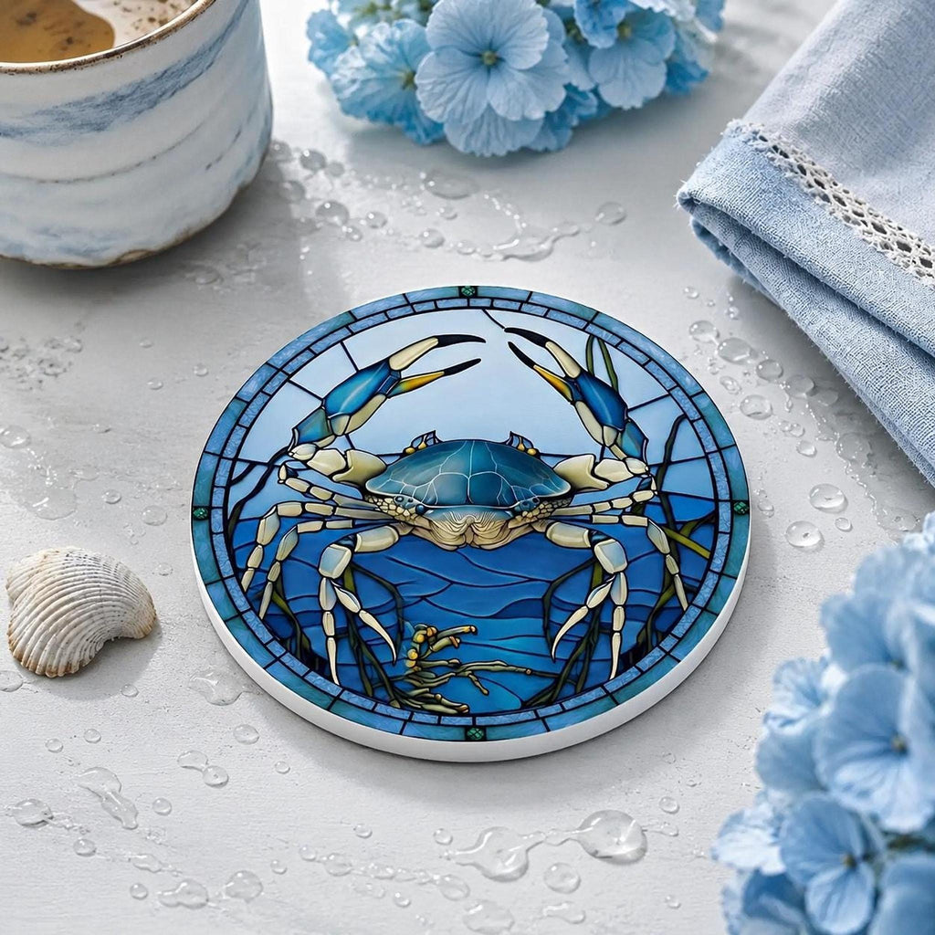 Blue Crab Coaster, Round Ceramic Surface with Glossy or Matte Finish