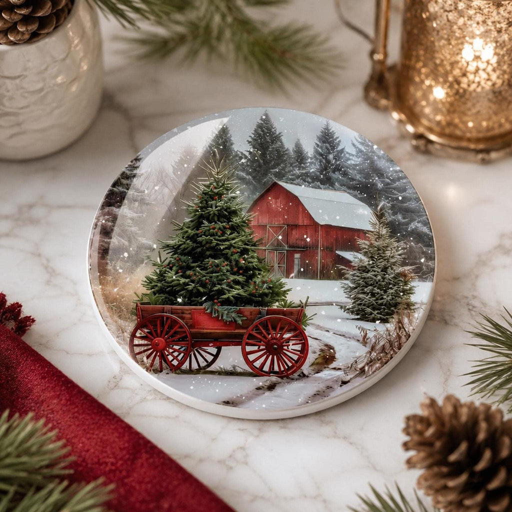 Christmas Coaster with Red Barn Design, Rustic Ceramic Drink
