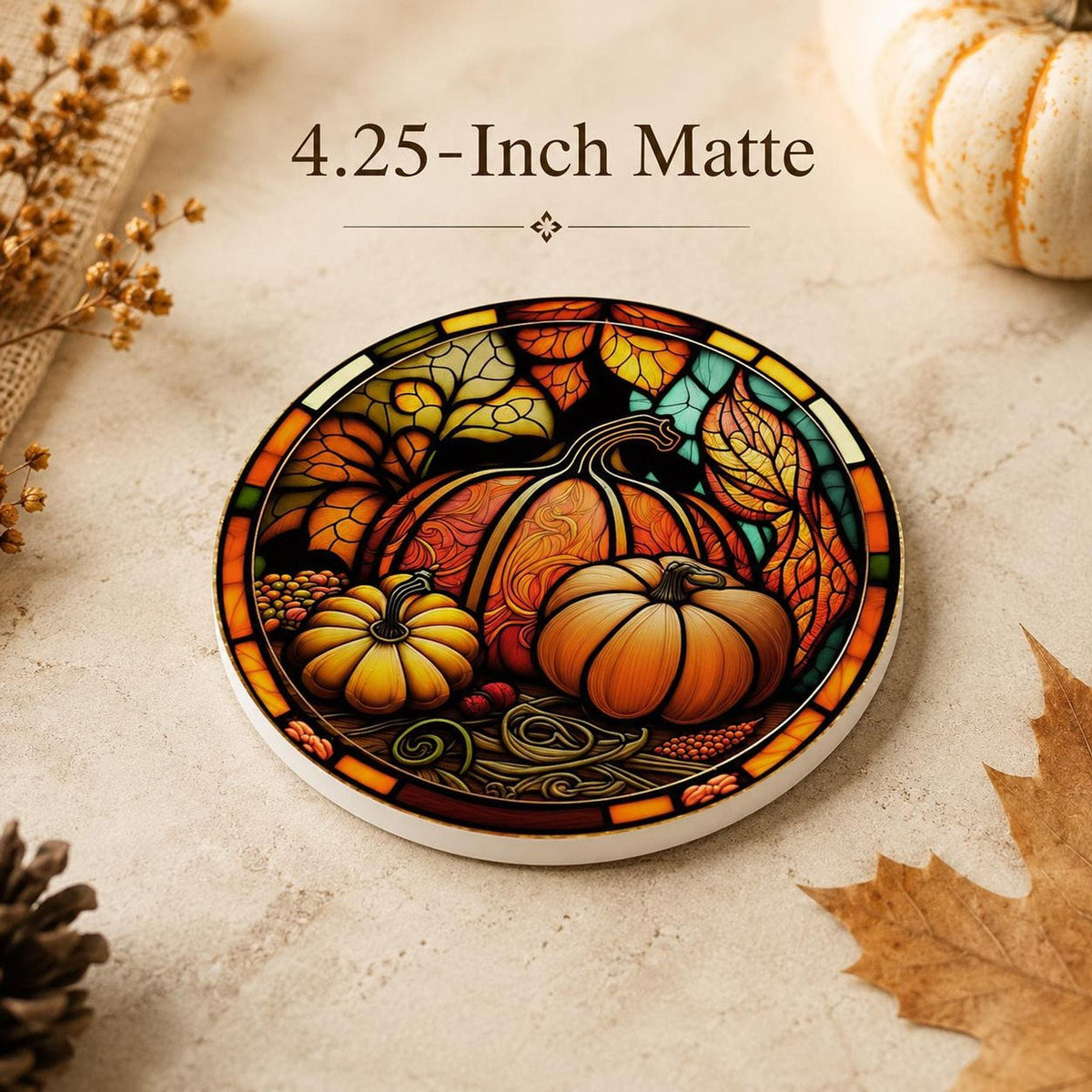 Thanksgiving Table Ceramic Coaster, Pumpkin Harvest Drink Mat
