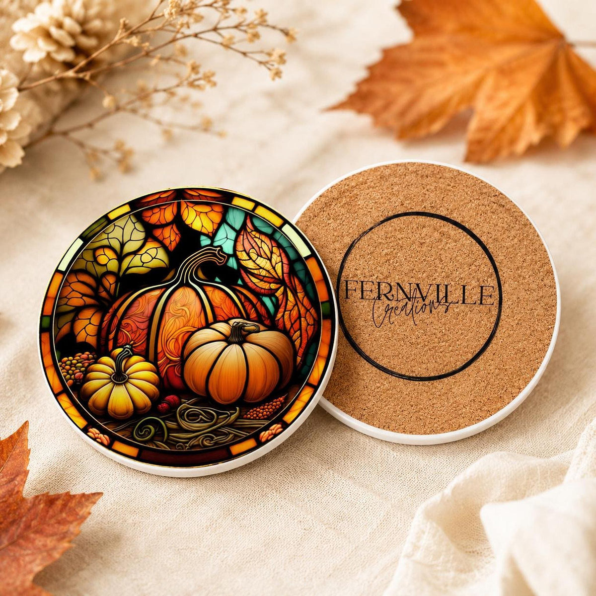 Thanksgiving Table Ceramic Coaster, Pumpkin Harvest Drink Mat