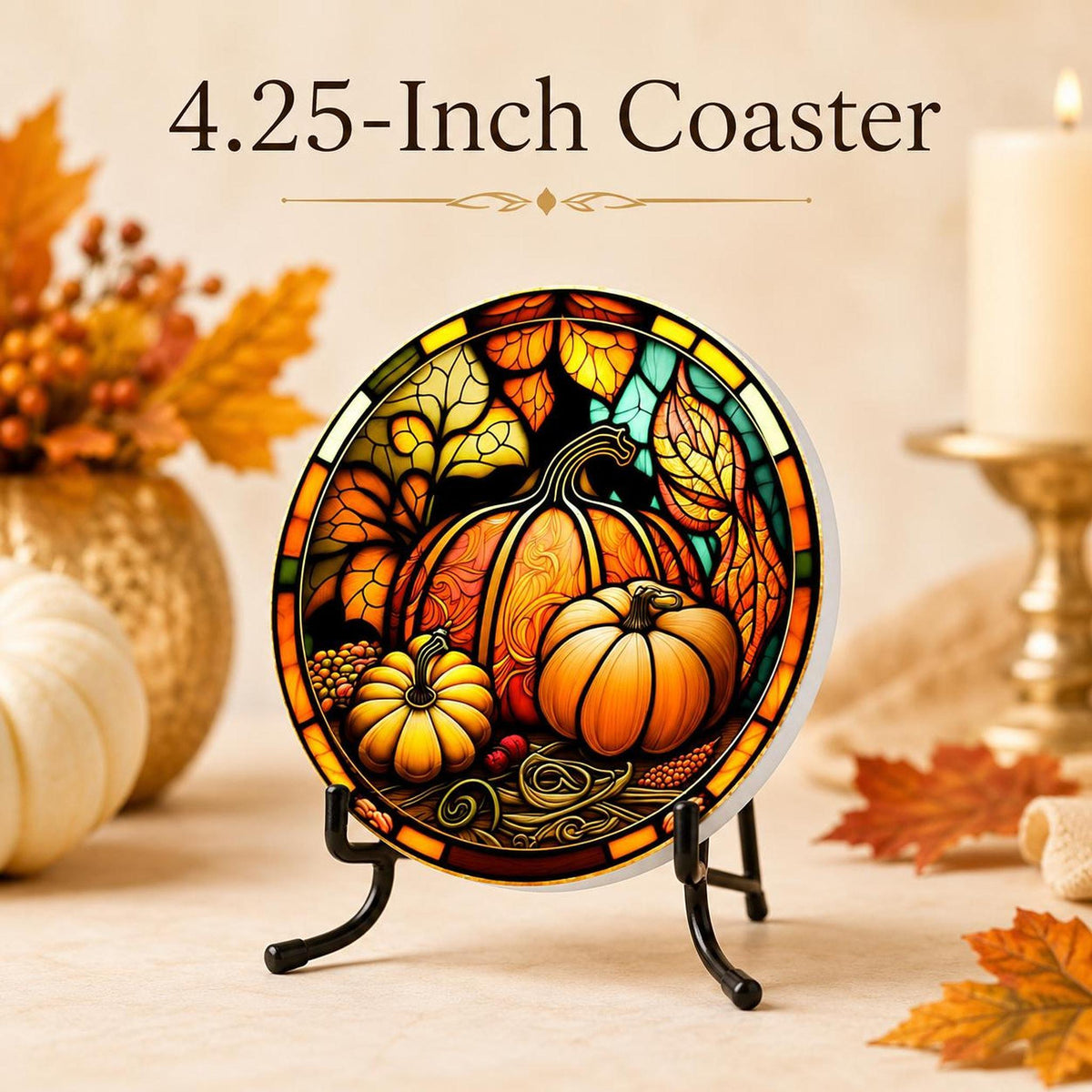 Thanksgiving Table Ceramic Coaster, Pumpkin Harvest Drink Mat