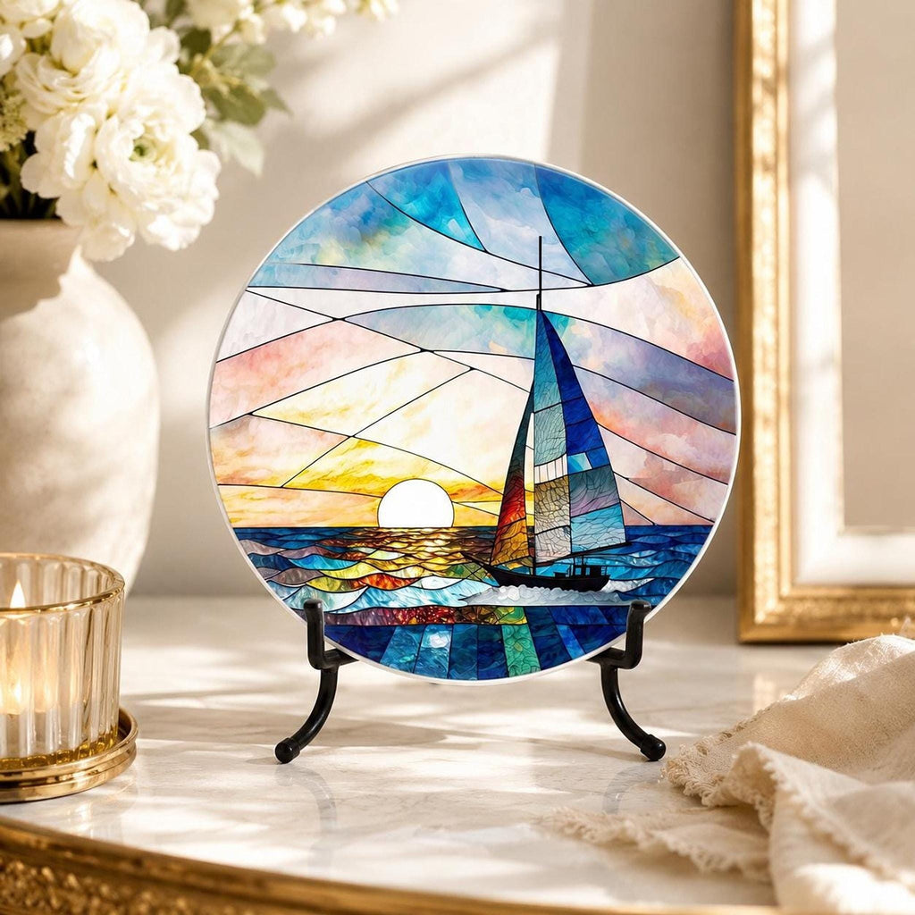 Sailboat Coaster, Round Ceramic Drink Holder with Nautical Sunset Design