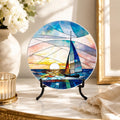 Sailboat Coaster, Round Ceramic Drink Holder with Nautical Sunset Design