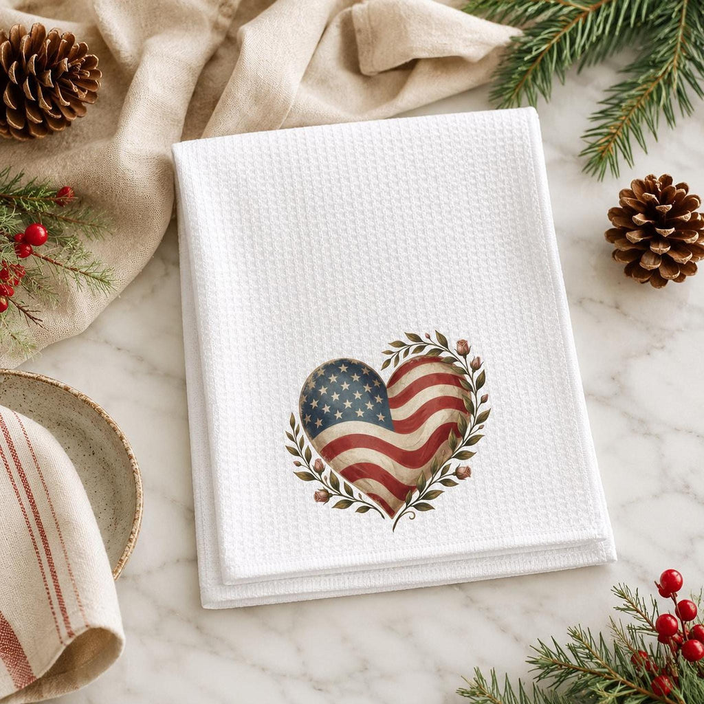 Farmhouse Towel, White Microfiber Waffle Weave with American Flag Heart