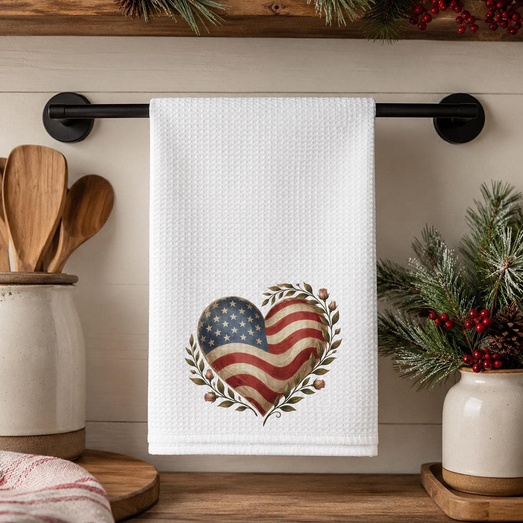 Farmhouse Towel, White Microfiber Waffle Weave with American Flag Heart