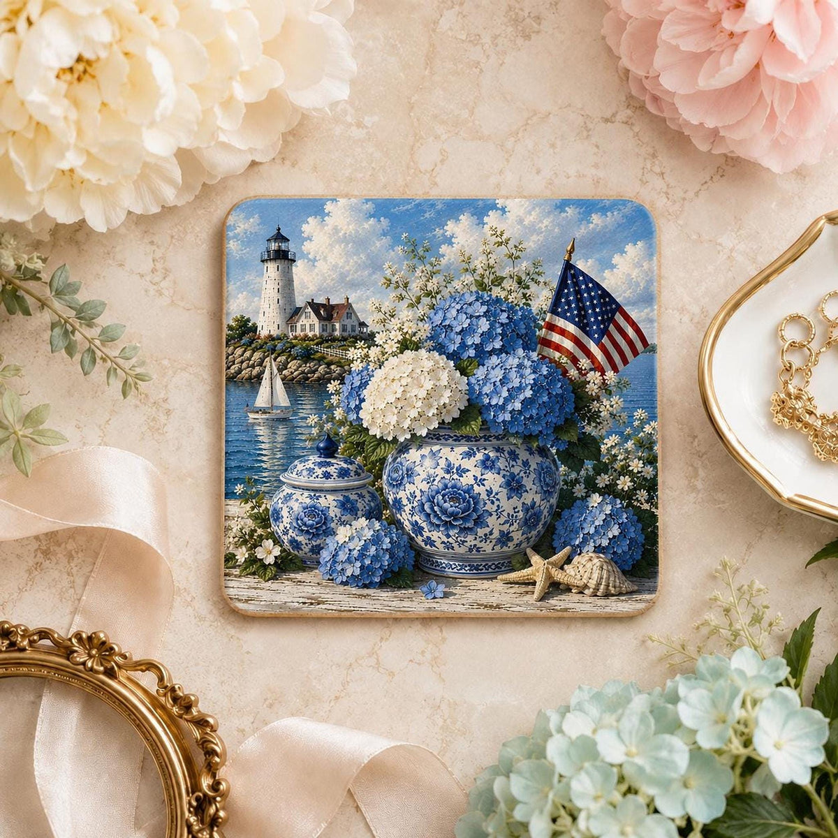 Coastal Coaster with Lighthouse and Blue Hydrangeas, Square Ceramic Drink Tile