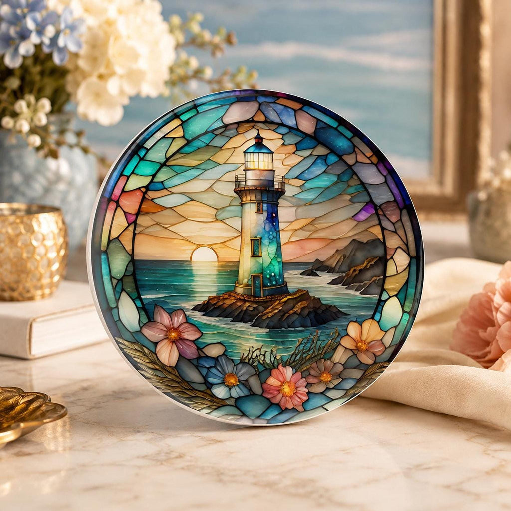 Coastal Coaster with Lighthouse Design, Nautical Ocean Art for Beach Homes