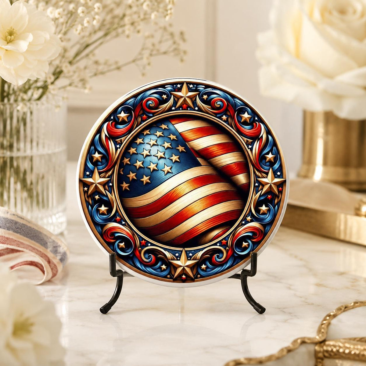 American Flag Ceramic Coaster, Patriotic Stars Art, Americana Drink Holder
