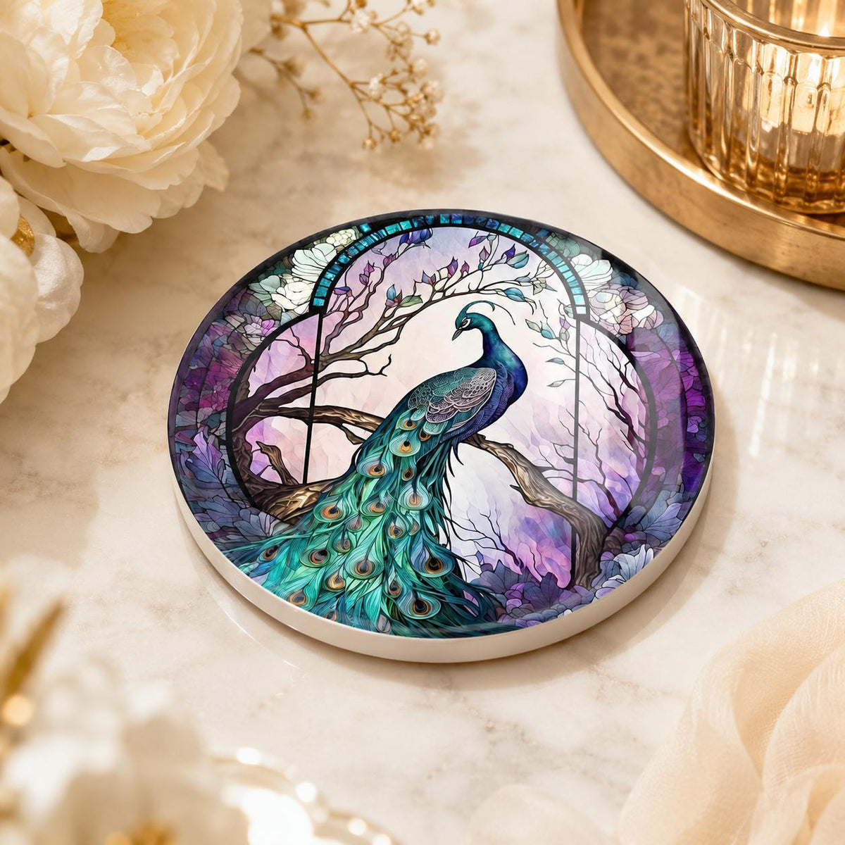 Peacock Ceramic Coaster, Purple Teal Art-Glass Garden Bird Decor Gift