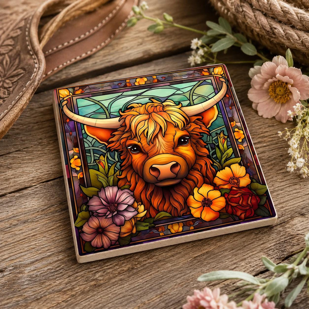 Highland Cow Square Ceramic Coaster, Glossy Western Ranch Drink Decor