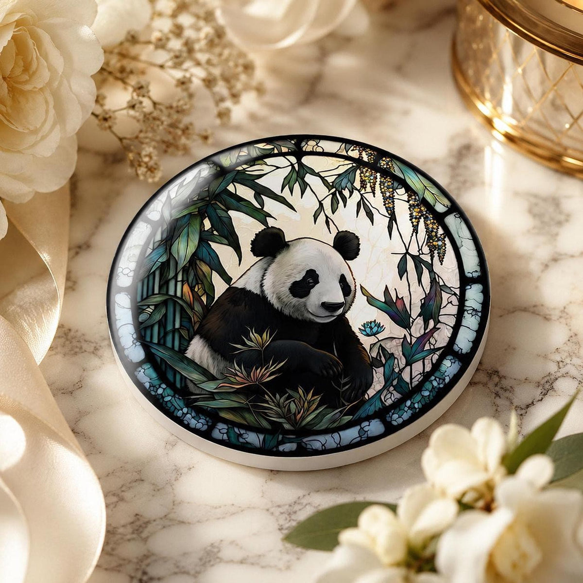 Panda Coaster, Round Ceramic Drink Mat with Botanical Artwork