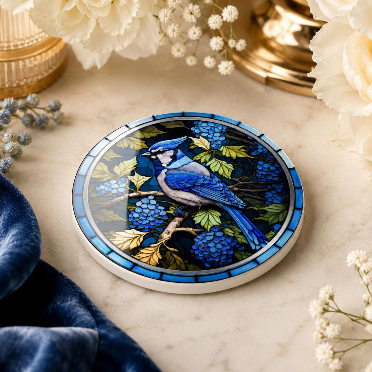 Blue Jay Ceramic Coaster, Stained Glass Bird Decor, Botanical Drink Holder