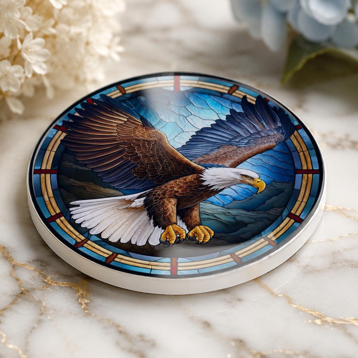 Bald Eagle Ceramic Coaster, Patriotic Bird Decor, Stained Glass Drink Holder