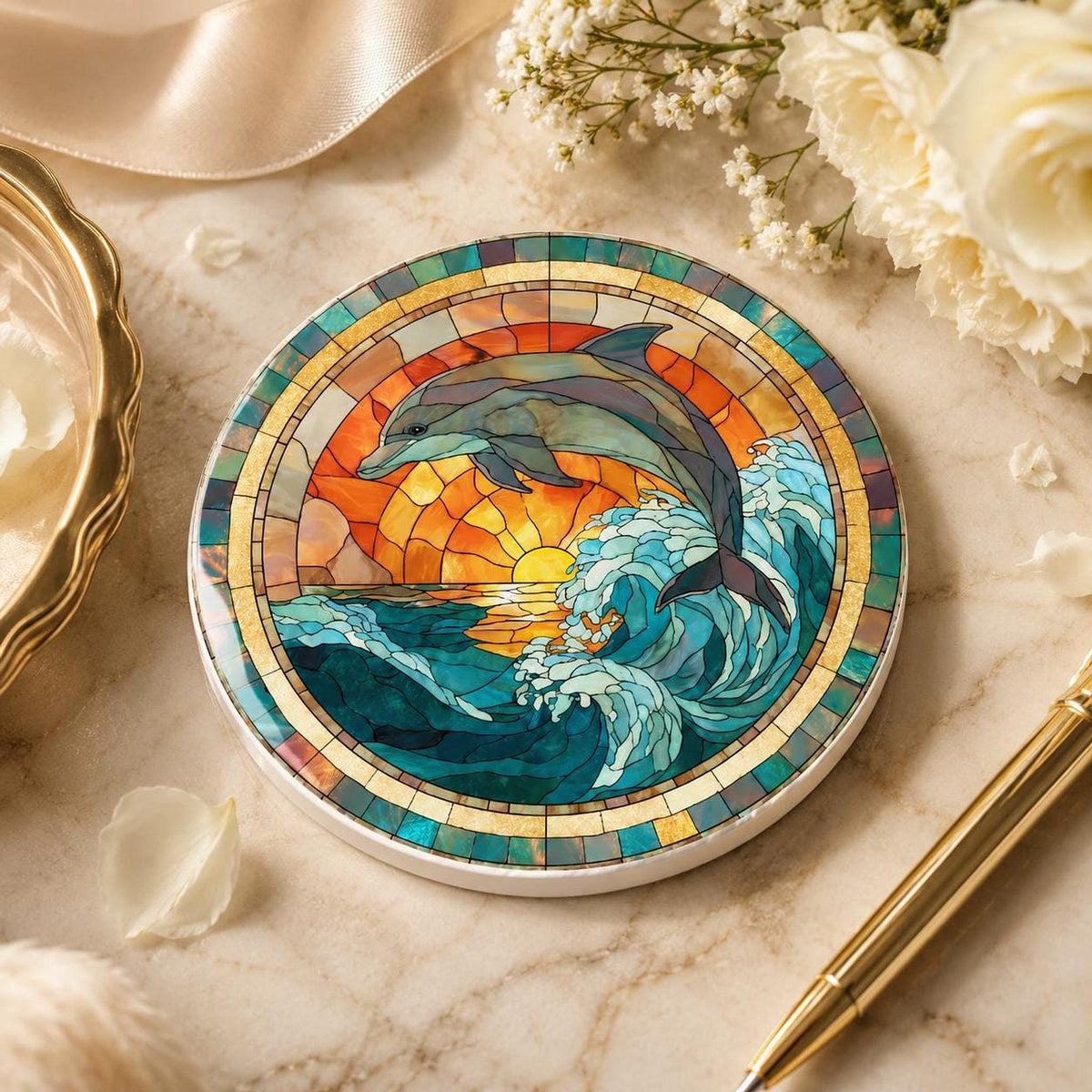 Dolphin Coaster with Ocean Wave Design, Round Ceramic Drink