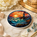 Lighthouse Ceramic Coaster, Coastal Sunset Ocean Waves, Nautical Beach House Decor
