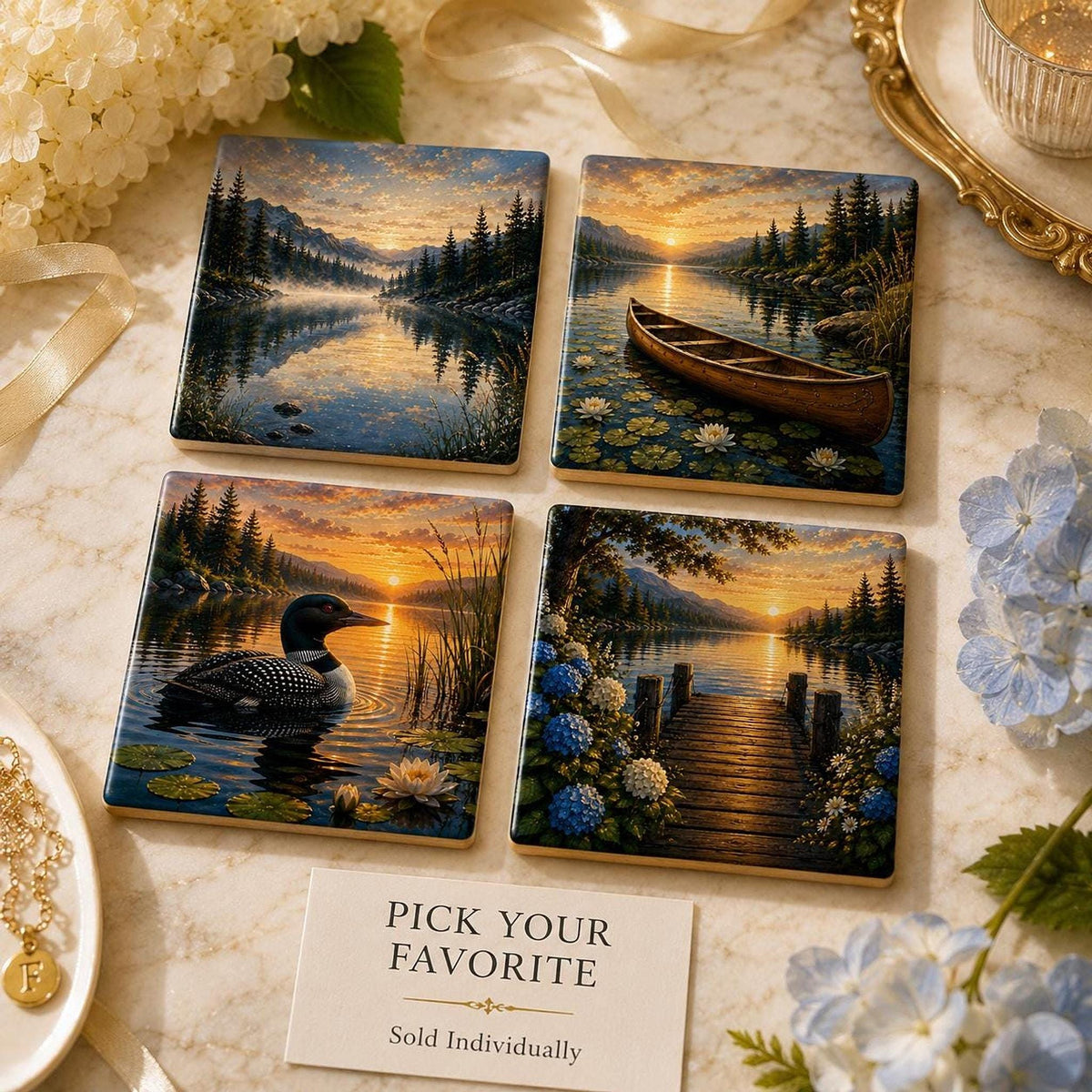 Lake Coaster with Scenic Artwork, Glossy Ceramic Design for Cabin Decor