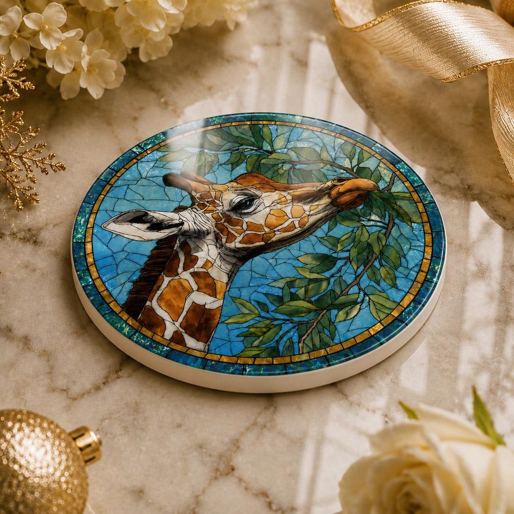 Giraffe Ceramic Coaster, Art Glass Style Safari Animal Decor, Wildlife Lover Gift