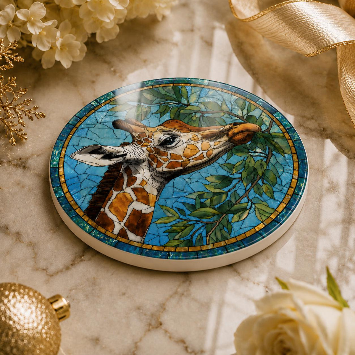 Giraffe Ceramic Coaster, Art Glass Style Safari Animal Decor, Wildlife Lover Gift