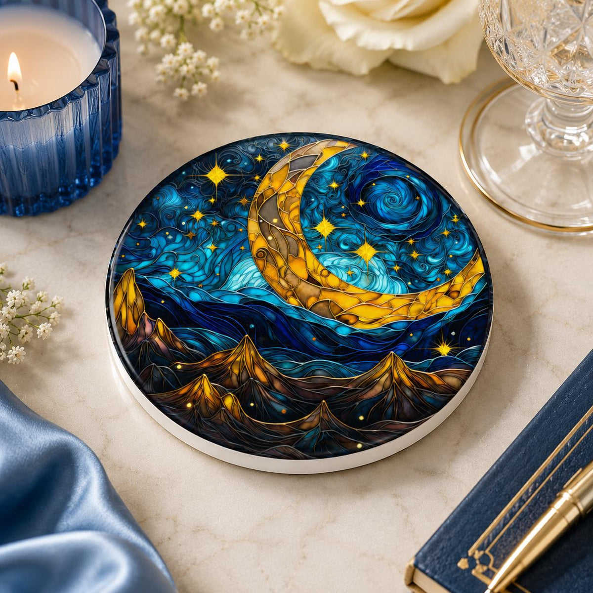 Crescent Moon Ceramic Coaster, Celestial Mountain Decor, Blue Night Sky Gift