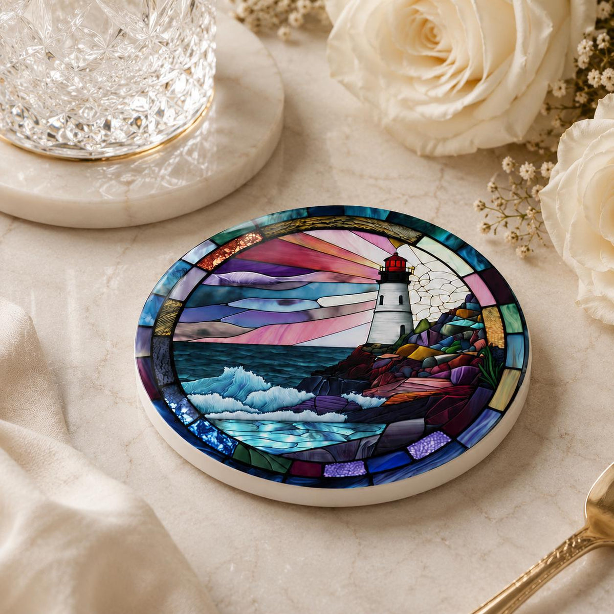 Coastal Lighthouse Ceramic Coaster, Round Ocean Drink Mat, Nautical Gift Decor