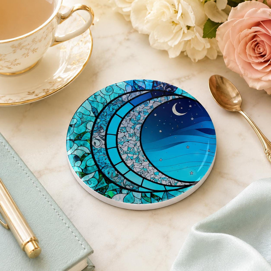 Moon Ceramic Coaster, Smooth Surface Celestial Drink Mat, Blue Night Sky Decor