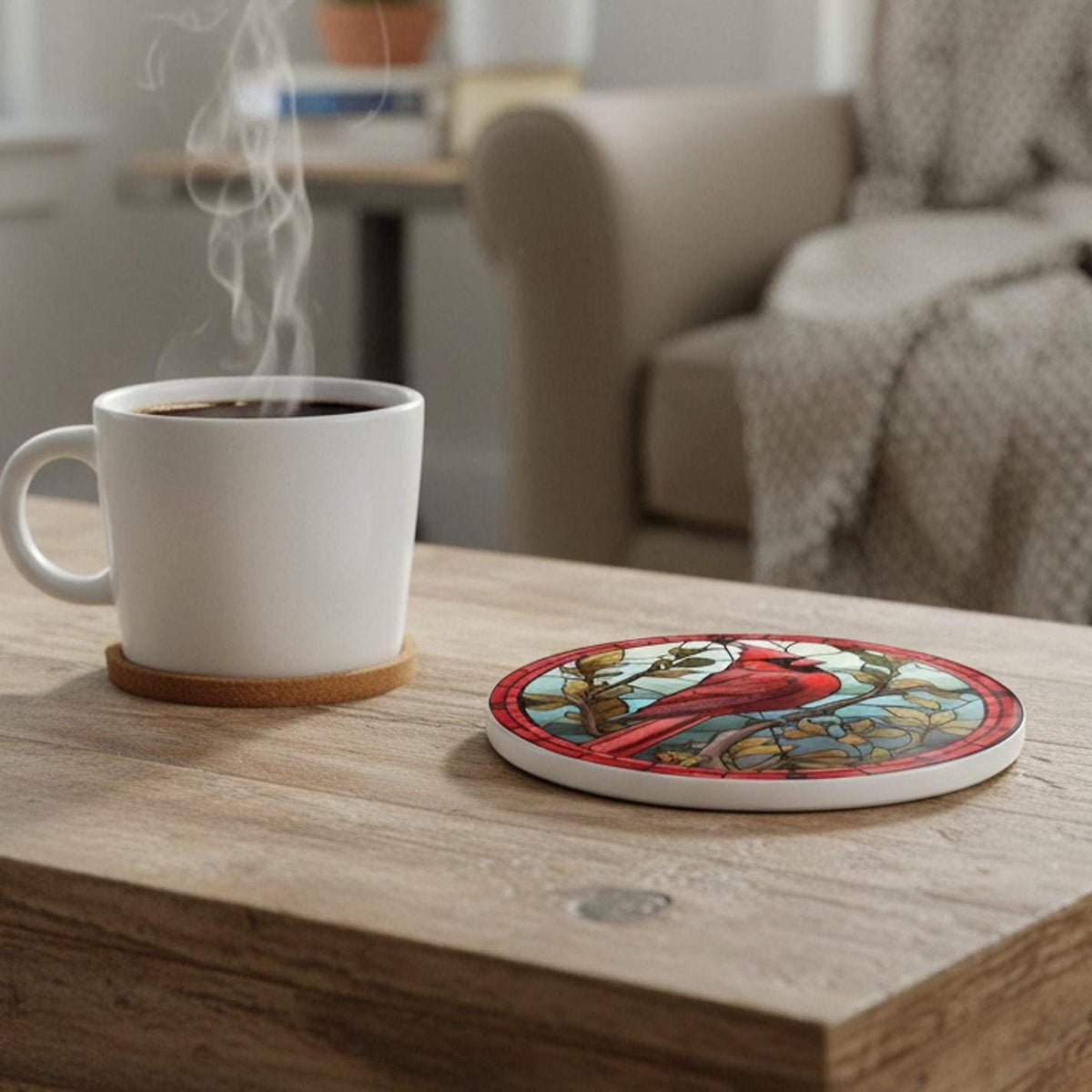 Cardinal Coaster, Vibrant Red Bird Design with Botanical Elements