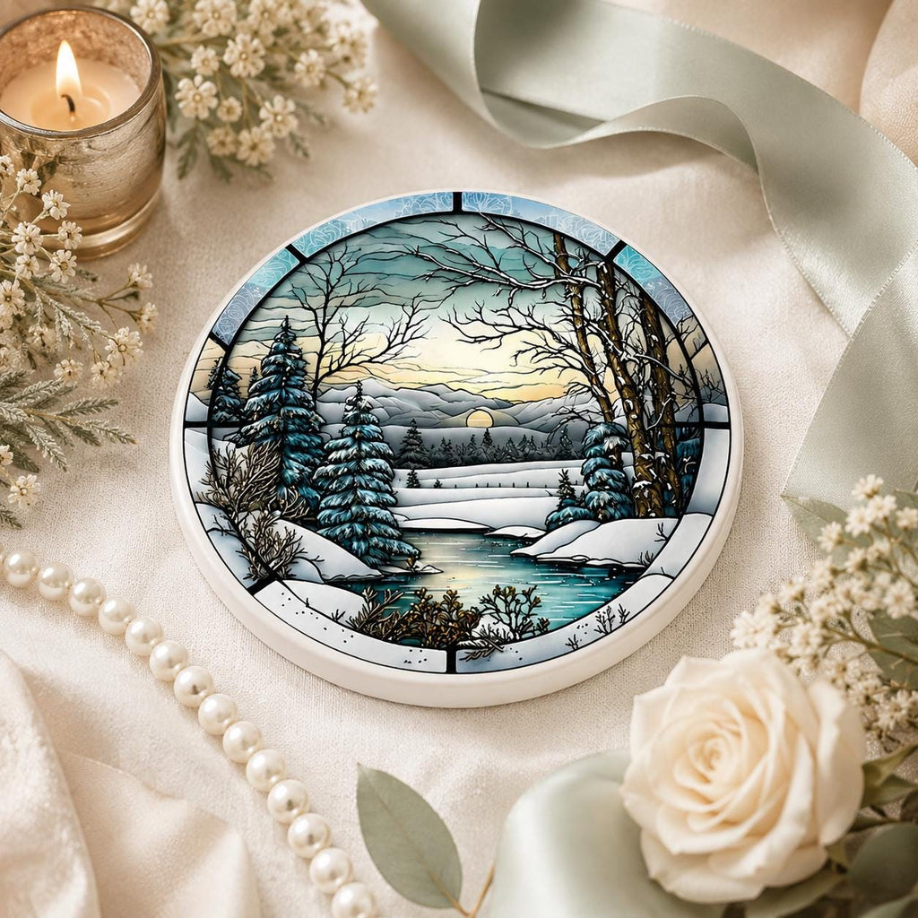 Winter Forest Ceramic Coaster, Snowy Landscape Drink Mat, Cabin Decor